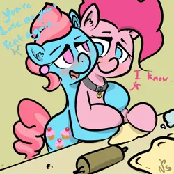 Size: 1600x1600 | Tagged: suggestive, artist:whydomenhavenipples, derpibooru import, cup cake, pinkie pie, earth pony, pony, adultery, bipedal leaning, blushing, cakepie, collar, cooking, dialogue, ear piercing, female, hug, hug from behind, imminent sex, infidelity, lesbian, looking at each other, mare, open mouth, piercing, smiling, table, working