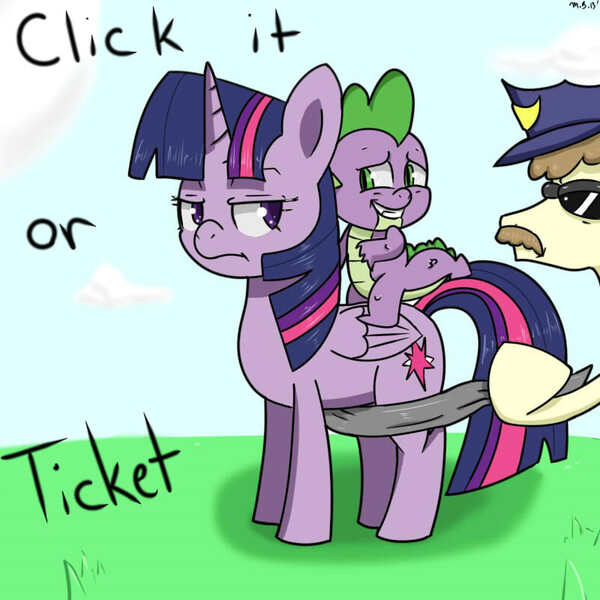 Size: 800x800 | Tagged: safe, artist:sonikku001, derpibooru import, spike, twilight sparkle, twilight sparkle (alicorn), alicorn, pony, airplanicorn, female, frown, grin, mare, nervous, police, public service announcement, riding, scene parody, seatbelt, smiling, sunglasses, unamused