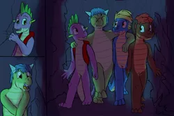 Size: 1280x853 | Tagged: artist:fuzebox, cave, comic, derpibooru import, dragon, happy, magma, oc, oc:magma, oc:sharp, oc:snort, older, older spike, safe, semi-anthro, sharp, snorting, spike, spike's journey, squee, teenaged dragon, teenager