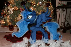 Size: 2256x1504 | Tagged: safe, artist:whitedove-creations, derpibooru import, princess luna, alicorn, pony, christmas tree, cute, eyeshadow, female, irl, lidded eyes, lunabetes, makeup, mare, photo, plushie, smiling, solo, spread wings, tree, wings