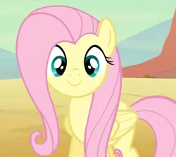 Size: 559x499 | Tagged: safe, derpibooru import, screencap, fluttershy, pegasus, pony, the last roundup, c:, cute, female, looking at you, mare, shyabetes, smiling, solo