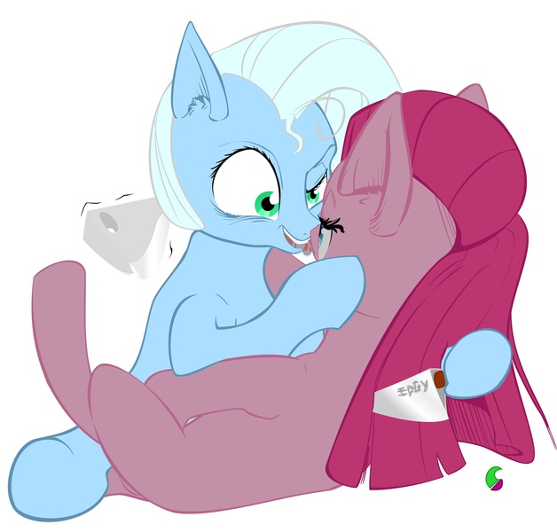 Size: 3300x3155 | Tagged: artist needed, questionable, artist:randomvectorguy, derpibooru import, pinkie pie, oc, oc:tracy cage, canon x oc, drool, ear fluff, insanity, kissing, knife, licking, on back, pinkamena diane pie, raised eyebrow, sloppy kissing, smiling, tongue out