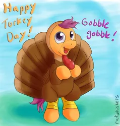 Size: 500x525 | Tagged: safe, artist:ratwhiskers, derpibooru import, scootaloo, pony, turkey, bipedal, clothes, costume, cute, cutealoo, scootachicken, scootaturkey, solo, thanksgiving, turkey costume