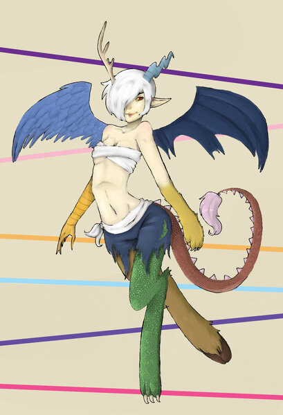 Size: 738x1082 | Tagged: artist:techtechno, breast binding, derpibooru import, light skin, oc, oc:kaos, offspring, parent:discord, safe, satyr, solo, unofficial characters only