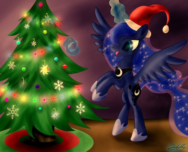 Size: 968x781 | Tagged: artist:jabbie64, christmas, christmas tree, derpibooru import, hat, ornament, princess luna, safe, santa hat, solo, tree