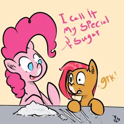 Size: 1280x1280 | Tagged: safe, artist:whydomenhavenipples, derpibooru import, babs seed, pinkie pie, earth pony, pony, blood, cocaine, corrupting the youth, dialogue, drugs, duo, ear fluff, female, filly, gritted teeth, mare, mismatched eyes, nosebleed, open mouth, signature, smiling, table, wide eyes
