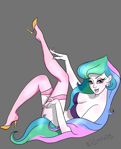 Size: 807x989 | Tagged: suggestive, artist:sigmanas, derpibooru import, princess celestia, equestria girls, beauty mark, bedroom eyes, big breasts, birthmark, bra, breasts, busty princess celestia, clothes, equestria girls-ified, female, high heels, lingerie, long hair, nail polish, pinup, pony coloring, principal celestia, seductive, solo, solo female, stockings, underwear