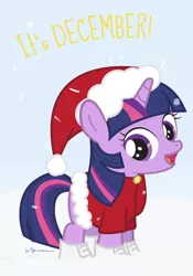 Size: 560x800 | Tagged: artist:dm29, boots, christmas, clothes, cute, derpibooru import, filly, filly twilight sparkle, hat, holiday, julian yeo is trying to murder us, looking at you, open mouth, safe, santa costume, santa hat, smiling, snow, snowfall, solo, twiabetes, twilight sparkle, winter