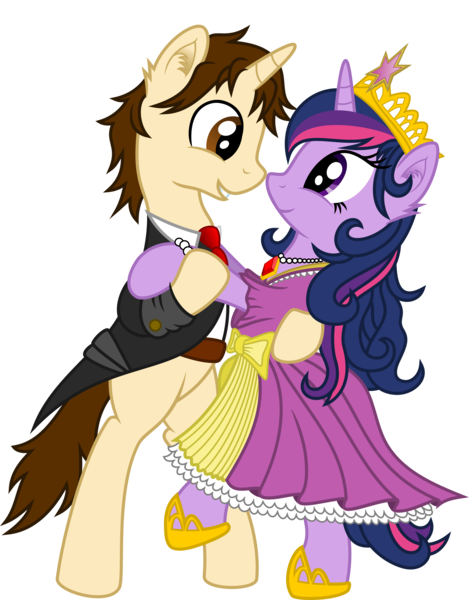 Size: 6000x7671 | Tagged: safe, artist:mactavish1996, artist:theflyingmagpie, derpibooru import, twilight sparkle, twilight sparkle (alicorn), alicorn, pony, absurd resolution, bipedal, clothes, crossover, crossover shipping, crown, dancing, dress, eye contact, female, gala dress, grin, male, mare, peter parker, shipping, simple background, smiling, spider-man, spiders and magic: rise of spider-mane, spidertwi, straight, suit, transparent background, vector