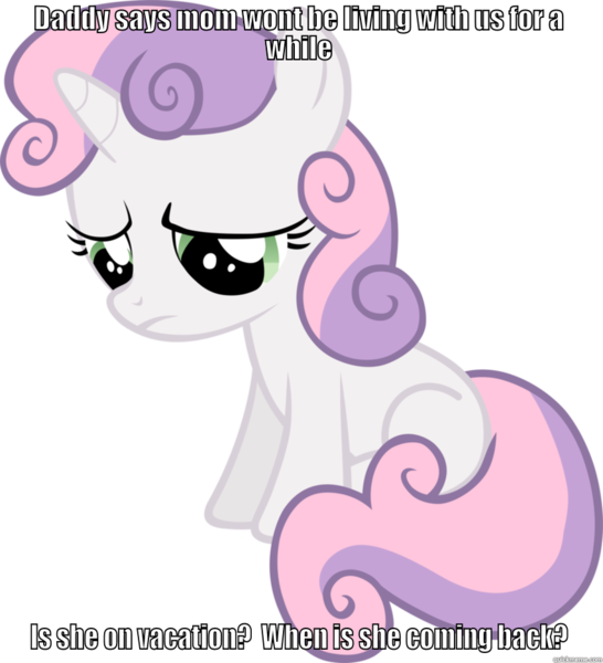 Size: 853x937 | Tagged: caption, derpibooru import, divorce, image macro, implied divorce, naive sweetie belle, naivete of youth, sad, safe, solo, sweetie belle