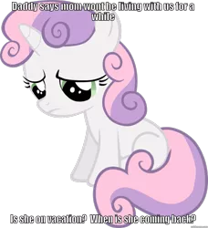 Size: 853x937 | Tagged: caption, derpibooru import, divorce, image macro, implied divorce, naive sweetie belle, naivete of youth, sad, safe, solo, sweetie belle