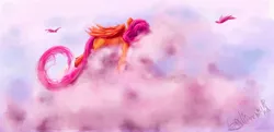 Size: 2000x968 | Tagged: safe, artist:keepare, artist:nettrip, derpibooru import, fluttershy, pegasus, pony, cloud, cloudy, female, folded wings, mare, on a cloud, sleeping, solo, wings