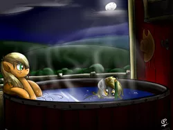 Size: 1600x1200 | Tagged: safe, artist:globalpredatorx, derpibooru import, applejack, derpy hooves, pegasus, pony, bath, duo, female, mare, moon, night, snorkel, tub, wet mane