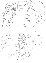 Size: 2480x3425 | Tagged: artist:theponybox696, bladder, clothes, comic:sweetie belle omorashi, derpibooru import, desperation, dress, monochrome, need to pee, omorashi, pissing, potty time, rarity, suggestive, sweetie belle, urine, x-ray bladder