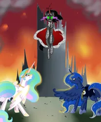 Size: 814x981 | Tagged: safe, artist:lunararitymod, derpibooru import, king sombra, princess celestia, princess luna, alicorn, unicorn, fall of the crystal empire, dark magic, fall of an empire, fight, floppy ears, image, jpeg, levitation, magic, royal sisters, self-levitation, sombra eyes, telekinesis