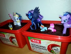 Size: 3264x2448 | Tagged: safe, derpibooru import, nightmare moon, pinkie pie, princess celestia, princess luna, rainbow dash, zecora, alicorn, pony, zebra, brushable, edible, fluids on toy, gochujang, haechandle, hot pepper paste, korean, medium hot, plastic container, ponies in food, sauce, sinking, spicy, submerged, toy, toy abuse, wat