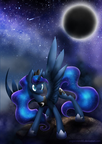 Size: 600x849 | Tagged: artist:pegasisters82, derpibooru import, eclipse, lunar eclipse, moon, princess luna, safe, shooting star, solo, stars