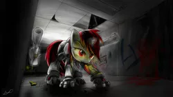 Size: 2320x1305 | Tagged: safe, artist:favmir, derpibooru import, oc, oc:blackjack, unofficial characters only, cyborg, pony, unicorn, fallout equestria, fallout equestria: project horizons, level 1 (project horizons), prosthetics, solo