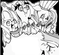 Size: 429x399 | Tagged: safe, artist:sung and ama, derpibooru import, fluttershy, rainbow dash, spike, twilight sparkle, dragon, pony, female, implied cannibalism, kitchen eyes, male, mare, monochrome