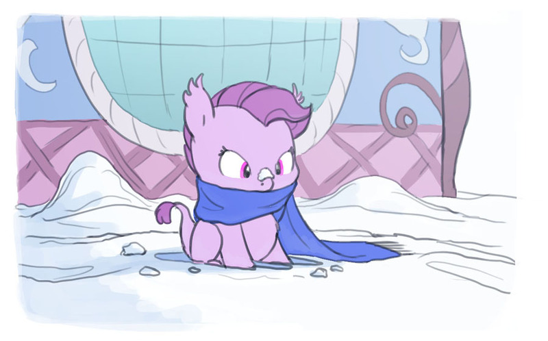 Size: 900x560 | Tagged: artist:carnifex, clothes, cross-eyed, cute, derpibooru import, diabetes, dracony, hybrid, interspecies offspring, lavandorable, oc, oc:lavender, offspring, parent:rarity, parent:spike, parents:sparity, safe, scarf, sitting, snow, solo, unofficial characters only, winter