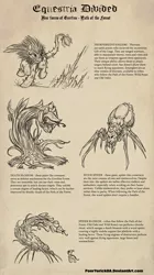 Size: 668x1195 | Tagged: dead source, semi-grimdark, artist:pooryorick, derpibooru import, giant spider, plant pony, pony, spider, equestria divided, army roster, bestiary, blackletter, feather, house everfree, monster