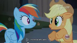 Size: 640x355 | Tagged: applejack, castle mane-ia, derpibooru import, hulk speak, meme, mlp-captions, rainbow dash, safe, screencap, youtube caption