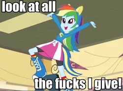 Size: 948x707 | Tagged: safe, derpibooru import, rainbow dash, equestria girls, image macro, no fucks, palindrome get, pennant, solo, vulgar