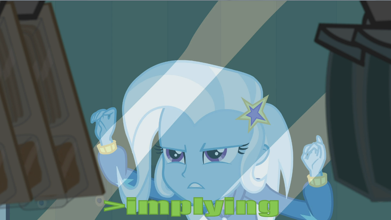 Size: 1219x687 | Tagged: safe, derpibooru import, trixie, equestria girls, greentext, implying, solo, text