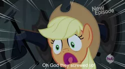 Size: 1268x705 | Tagged: applejack, caption, castle mane-ia, derpibooru import, edit, faic, frown, hubble, hub logo, image, image macro, safe, screencap, solo, text, the hub, yelling