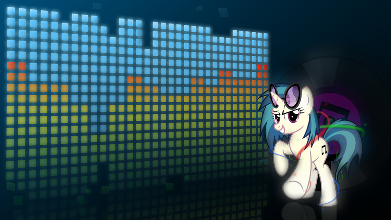 Size: 1920x1080 | Tagged: safe, artist:mithandir730, artist:takua770, derpibooru import, vinyl scratch, pony, unicorn, cutie mark, female, glasses, glow, hooves, horn, looking at you, mare, smiling, solo, sunglasses, teeth, vector, wallpaper