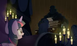 Size: 2104x1274 | Tagged: alicorn, artist:pixelkitties, candle, castle mane-ia, dark, derpibooru import, musical instrument, organ, organ to the outside, pinkie pie, safe, scene interpretation, twilight sparkle, twilight sparkle (alicorn)