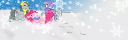 Size: 3840x1200 | Tagged: artist:starfox365, clothes, derpibooru import, earmuffs, hat, limestone pie, marble pie, pie sisters, pinkie pie, safe, scarf, snow, snowfall, snowflake, winter