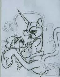 Size: 1714x2212 | Tagged: suggestive, artist:digitaldomain123, derpibooru import, nightmare moon, spike, foalcon, french kiss, kissing, monochrome, shipping, sketch, sloppy kissing, spikemoon, spiluna, tongue out, traditional art