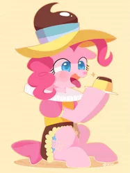 Size: 1099x1470 | Tagged: safe, artist:sion, derpibooru import, chancellor puddinghead, pinkie pie, flan, food, pudding, sitting, solo, tongue out