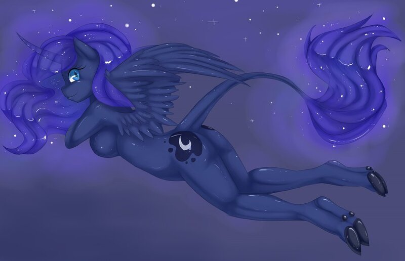 Size: 900x580 | Tagged: anthro, artist:misukitty, ass, breasts, busty princess luna, classical unicorn, cloven hooves, dead source, derpibooru import, female, leonine tail, nudity, princess luna, solo, suggestive, underhoof, unguligrade anthro