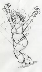 Size: 598x1024 | Tagged: aerobics, armpits, artist:ssakurai, chubby, clothes, derpibooru import, exercise, gym uniform, headband, human, humanized, monochrome, pencil drawing, pinkie pie, plump, safe, solo, sports bra, sweat, traditional art, wristband