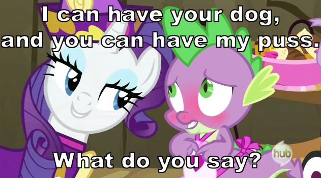 Size: 631x351 | Tagged: suggestive, derpibooru import, edit, edited screencap, screencap, rarity, spike, dragon, pony, unicorn, dragon quest, apron, bedroom eyes, blushing, caption, clothes, dress, exploitable meme, female, food, hub logo, image macro, male, mare, meme, naked apron, rarity's bad pickup lines, shipping, sparity, straight, text, the hub