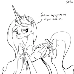Size: 1322x1322 | Tagged: artist:cs, blushing, bow, cute, derpibooru import, estrus, female, frown, looking away, monochrome, princess celestia, ribbon, shy, solo, solo female, standing, suggestive, tail bow, text