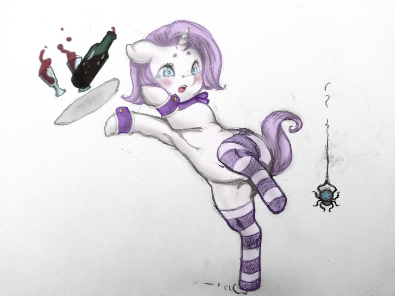 Size: 1280x960 | Tagged: safe, artist:longren, artist:wimcrustum, color edit, derpibooru import, edit, pony, spider, star spider, alternate hairstyle, animal, armpits, bipedal, bottle, clothes, colored, cufflinks, cuffs (clothes), scared, short hair, socks, solo, striped socks, surprised, waitress, wine