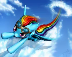 Size: 1057x841 | Tagged: safe, artist:artoki, derpibooru import, rainbow dash, cloud, cloudy, flying, goggles, solo, trail