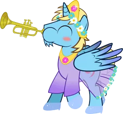 Size: 6500x6038 | Tagged: safe, artist:theshadowstone, derpibooru import, oc, unofficial characters only, alicorn, pony, absurd resolution, alicorn oc, blushing, clothes, crossdressing, dress, flower, male, musical instrument, see-through, see-through skirt, simple background, solo, stallion, transparent background, trumpet, vector