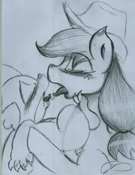 Size: 1696x2199 | Tagged: suggestive, artist:digitaldomain123, derpibooru import, applejack, spike, applespike, blushing, drool, female, foalcon, french kiss, kissing, male, monochrome, shipping, sloppy kissing, straight, tongue out, traditional art
