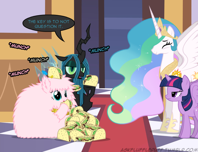 Size: 650x500 | Tagged: safe, artist:mixermike622, derpibooru import, discord, princess celestia, queen chrysalis, twilight sparkle, twilight sparkle (alicorn), oc, oc:fluffle puff, alicorn, pony, ask, eating, element of tacos, female, food, mare, single panel, smiling, taco