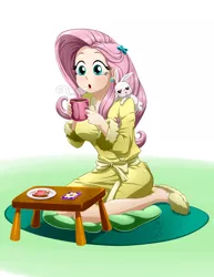 Size: 700x907 | Tagged: angel bunny, artist:pia-sama, clothes, coffee, cup, cute, derpibooru import, drink, female, fluttershy, food, human, humanized, light skin, mug, open mouth, pet, plate, robe, safe, shyabetes, sitting, slippers, table, toast