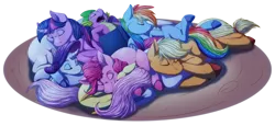 Size: 2826x1303 | Tagged: applejack, artist:arcticwaters, book, cloven hooves, cuddle puddle, cuddling, derpibooru import, fluttershy, mane six, pile, pinkie pie, pony pile, rainbow dash, rarity, safe, sleeping, snuggling, twilight sparkle