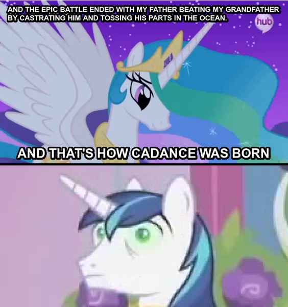 Size: 677x720 | Tagged: semi-grimdark, suggestive, derpibooru import, edit, edited screencap, screencap, princess celestia, shining armor, alicorn, pony, unicorn, a canterlot wedding, aphrodite, ethereal mane, female, greek mythology, hub logo, image macro, jupiter, kronos, male, mare, mythology, saturn, stallion, the hub, uranus, venus, zeus