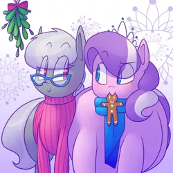 Size: 520x520 | Tagged: safe, artist:secretgoombaman12345, derpibooru import, diamond tiara, silver spoon, earth pony, pony, ask chubby diamond, ask, chubby diamond, clothes, fat, female, gingerbread man, glasses, lesbian, mistletoe, scarf, shipping, silvertiara, sweater, tumblr