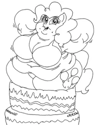 Size: 900x1180 | Tagged: anthro, artist:beau-skunk, bbw, big breasts, bikini, breasts, cake, clothes, derpibooru import, dimples, double chin, fat, female, jiggle, monochrome, morbidly obese, muffin top, obese, piggy pie, pinkie pie, popping out of a cake, pudgy pie, rolls of fat, solo, solo female, suggestive, swimsuit