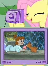 Size: 563x771 | Tagged: derpibooru import, disney, exploitable meme, fluttershy, happy, jenny foxworth, meme, obligatory pony, oliver, oliver and company, safe, tv meme