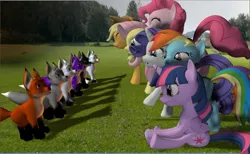 Size: 1007x621 | Tagged: safe, artist:hectorny, derpibooru import, applejack, fluttershy, pinkie pie, rainbow dash, rarity, twilight sparkle, twilight sparkle (alicorn), alicorn, fox, pony, 3d, female, foxes, mane six, mare, xnalara